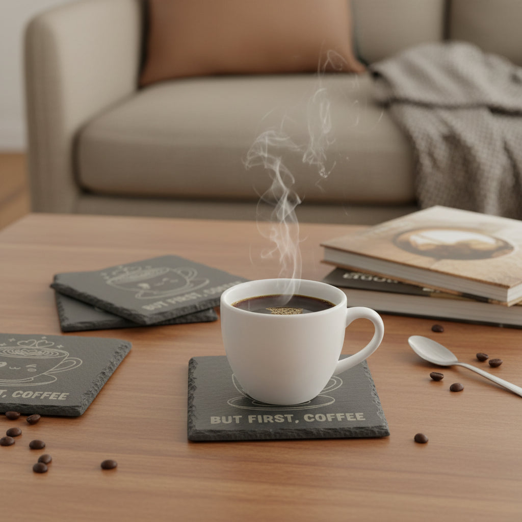 Slate coaster with a cute coffee cup design and 'But First, Coffee' text on a white background