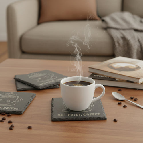 Slate coaster with a cute coffee cup design and 'But First, Coffee' text on a white background