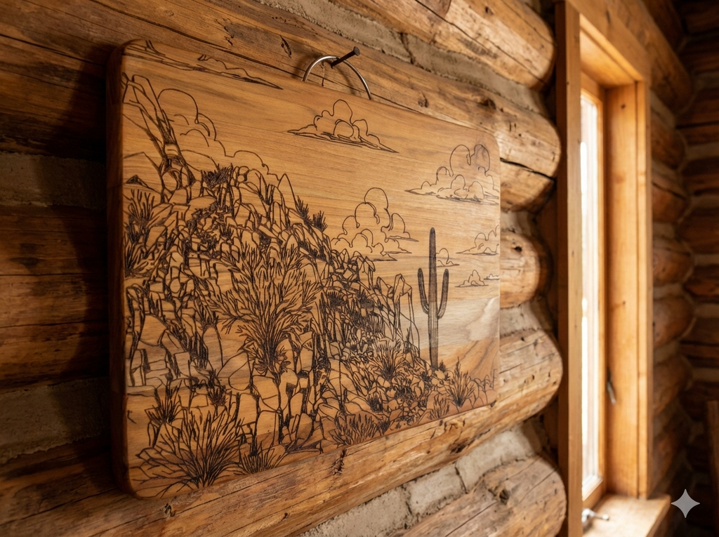Acacia Wood Engraving - Saguaro on Mountainside