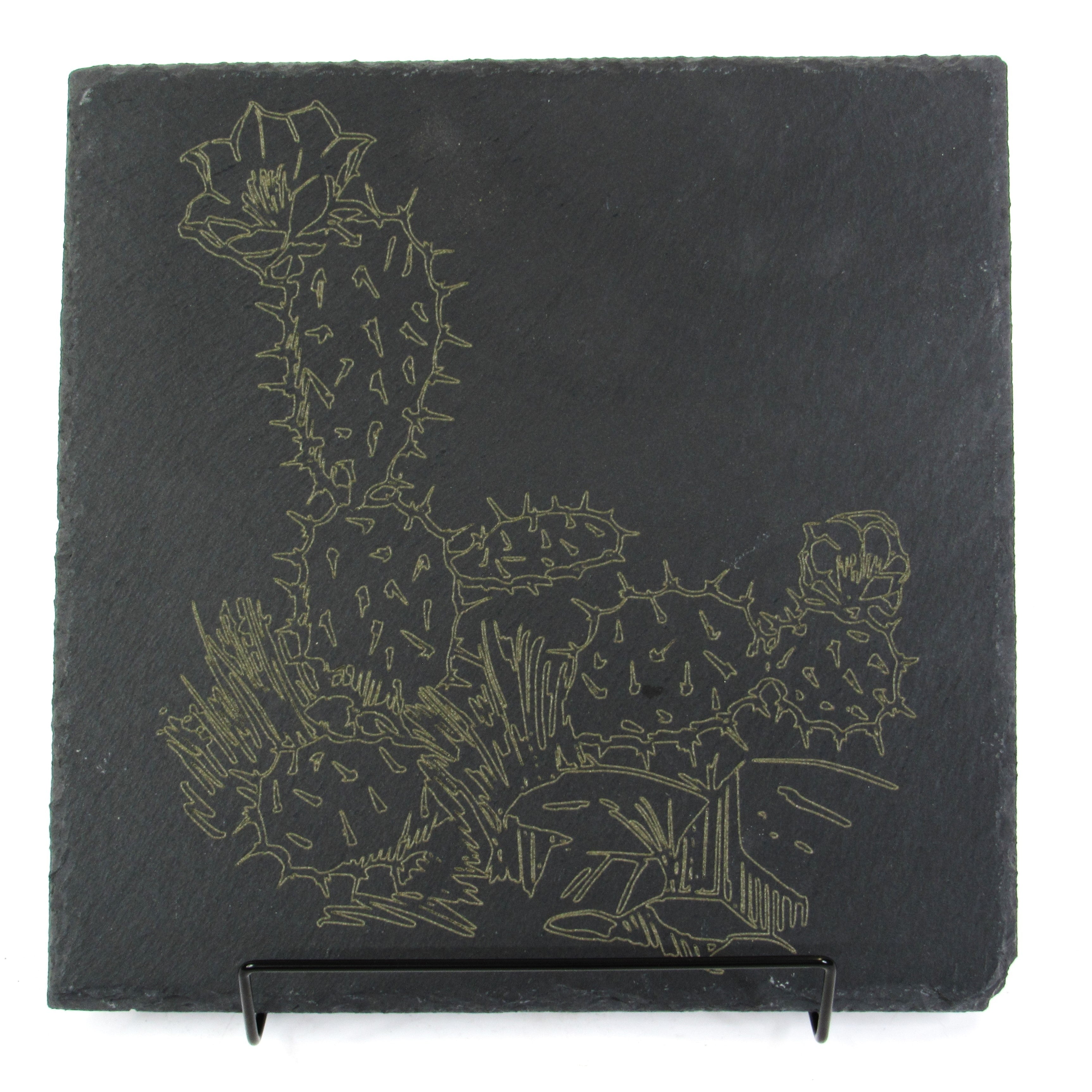 Slate coaster with engraved cactus design on a white background