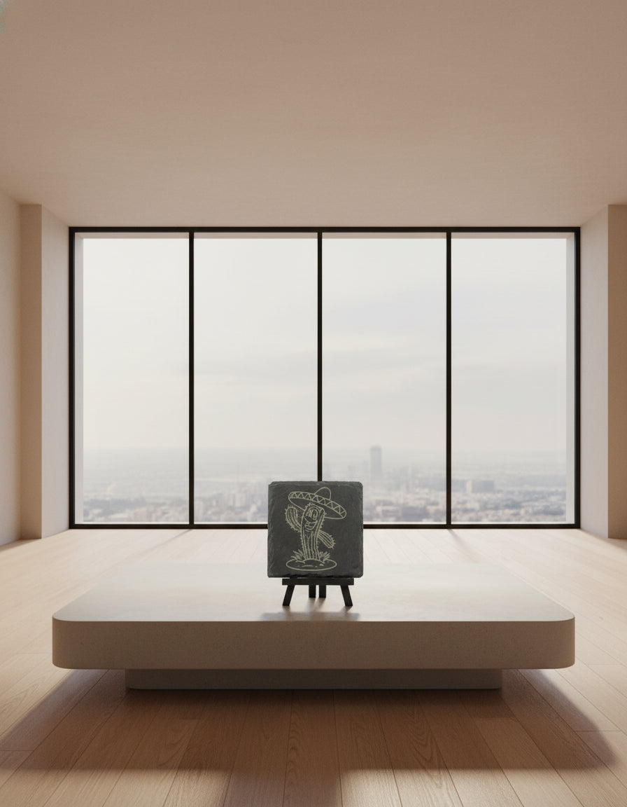 Slate coaster with a cactus design wearing a sombrero on a stand.