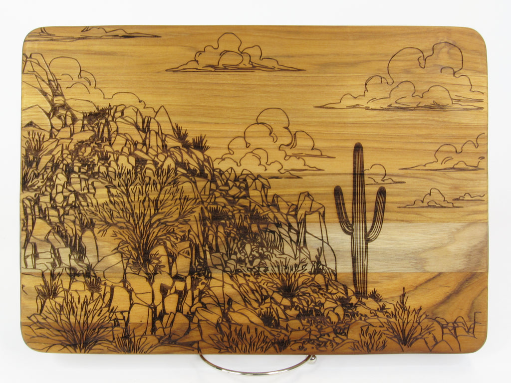 Acacia Wood Engraving - Saguaro on Mountainside